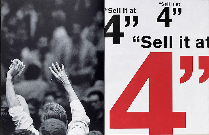 A black-and-white photo of a person in a crowd with raised arms, juxtaposed with bold black and red text on the right saying "Sell it at 4”.