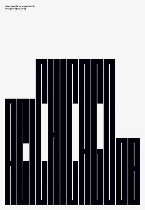 Black geometric text design with the word "CHICAGO" vertically stretched, resembling a city skyline against a light gray background.