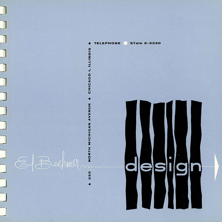 Graphic design cover with vertical black shapes and "design" text on a light blue background. Vertical text includes "TELEPHONE," an address in Chicago, and a phone number. Spiral binding visible on the left side.
