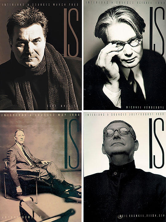 Magazine covers featuring black-and-white portraits of four different men, each with unique expressions. The top left shows a man with a scarf, the top right has a man adjusting his glasses, the bottom left features a seated man, and the bottom right displays a man gazing upward.