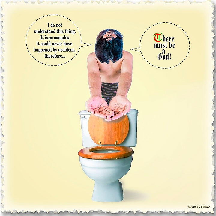 A bearded man with a primitive appearance leans over a toilet, looking upwards with hands outstretched. Two speech bubbles contain text above him. The image has a humorous tone.