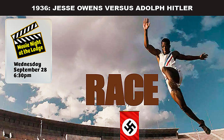 Track and field athlete mid-jump in a stadium, blue sky with clouds above. Large text "RACE" in the center. Decorative film reel and clapperboard graphic to the left. Swastika flag below.