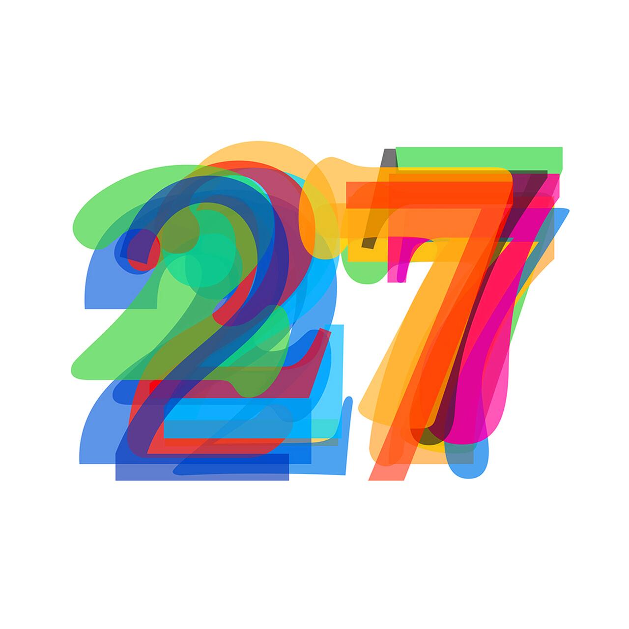 Colorful overlapping numbers 27 in a digital graphic, each digit featuring a blend of bright colors including green, blue, red, orange, and pink, creating a vibrant and playful effect against a white background.