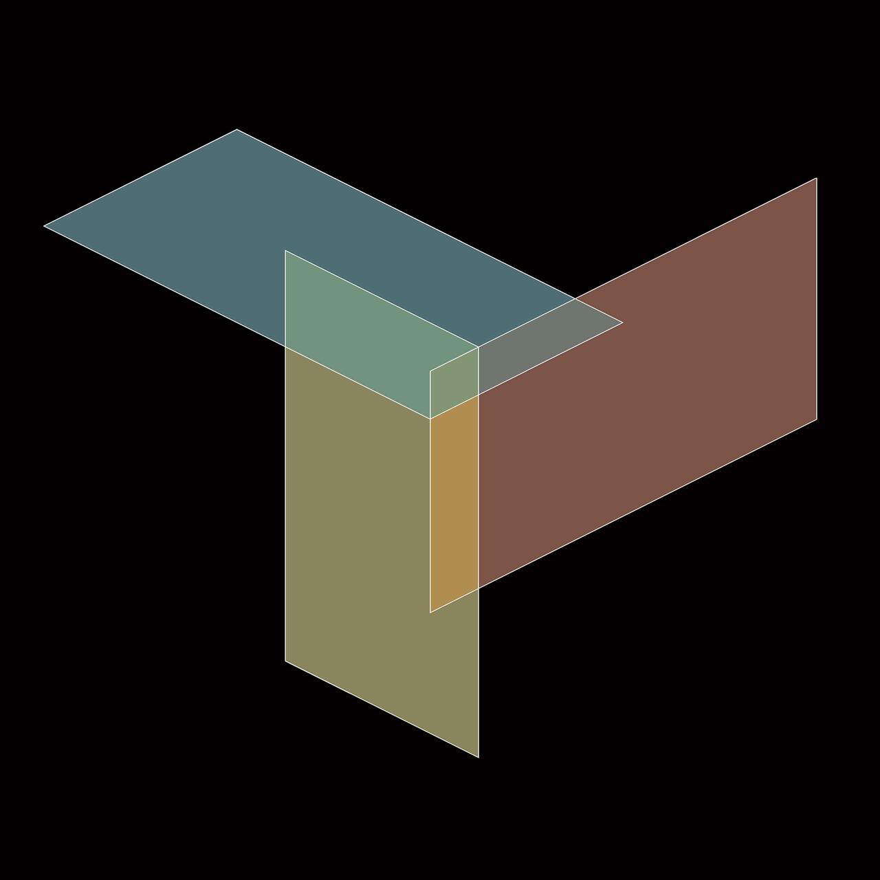 Abstract geometric design with overlapping colored planes in blue, green, brown, and gold, creating a 3D effect on a black background.