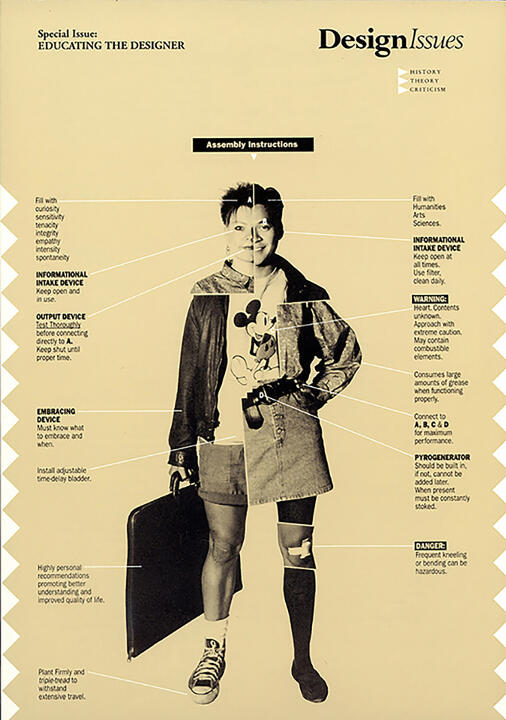 Sepia-toned graphic of a standing person wearing a Mickey Mouse shirt, jacket, and shorts, holding a briefcase. The image is annotated with humorous "assembly instructions" pointing to various body parts, suggesting components necessary for a designer.