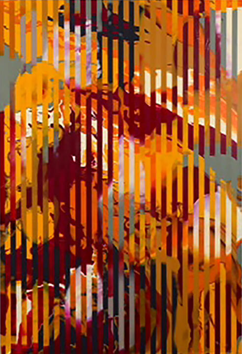 Abstract art with vertical stripes of orange, red, and gray over a chaotic mix of colors, creating a sense of depth and movement.