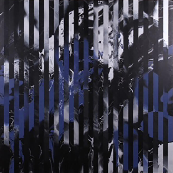 Abstract artwork with vertical black and blue stripes overlaying a marbled gray and white background.