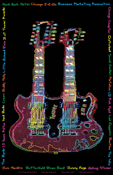 Colorful graphic of a double-neck guitar with neon outlines and text featuring names of musicians and bands. Vibrant colors against a black background create a glowing effect.