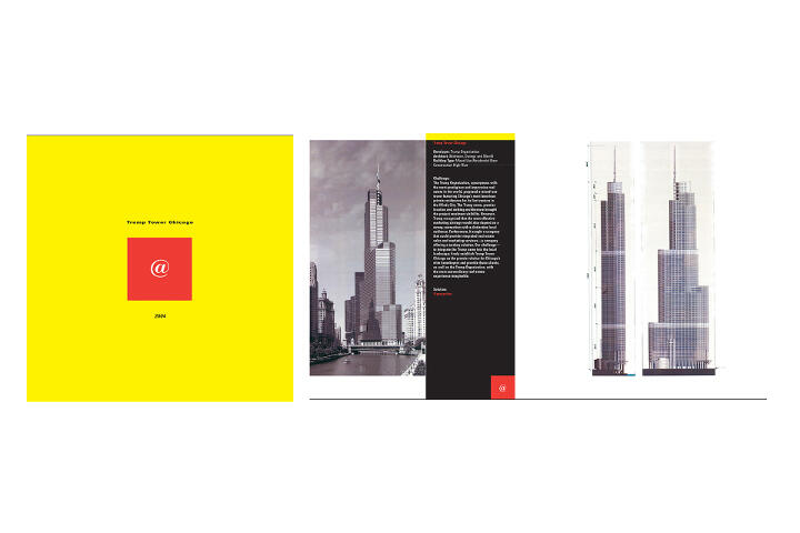 Yellow and black graphic with text, featuring architectural sketches of a tall building. Centralized text and a grayscale rendering of a skyscraper by a river appear on a black panel. A detailed architectural drawing of the skyscraper's front and side views is on the right.