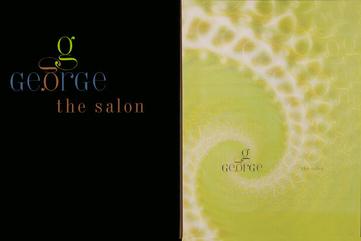 Two-page design with the logo "g, geORge the salon" on a black background on the left, and the same logo on a swirling yellow-green pattern on the right.