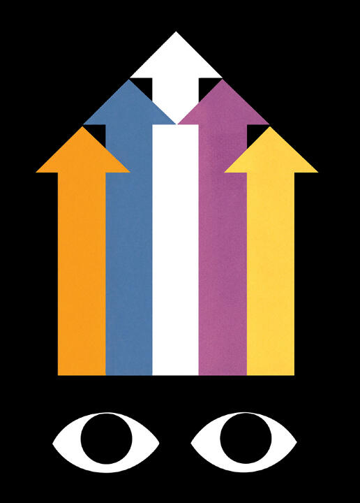 Colorful arrows pointing upward in orange, blue, white, purple, and yellow against a black background, with two stylized eyes below.