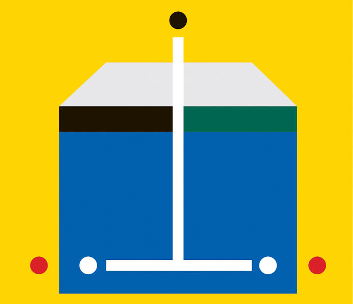 Abstract illustration of a geometric shape resembling a house on a yellow background, with a black circle on top of a vertical white line, a blue square base, and two red circles.