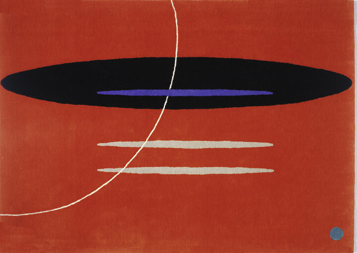 Abstract art with red background, featuring a large black oval with a blue shape inside. Below are three horizontal lines: blue, white, and beige. A white curved line passes through, and a blue dot appears at the bottom right.