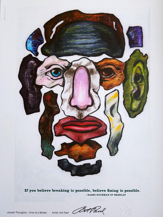 Colorful abstract face composed of irregular shapes, each a different color and texture, with prominent pink nose and red lips. Includes a motivational quote below.