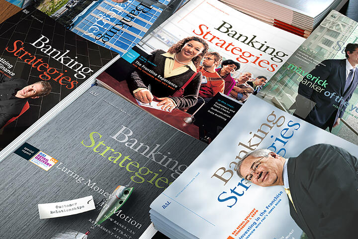 Stack of magazines titled "Banking Strategies" featuring various business-themed covers with people in professional settings.