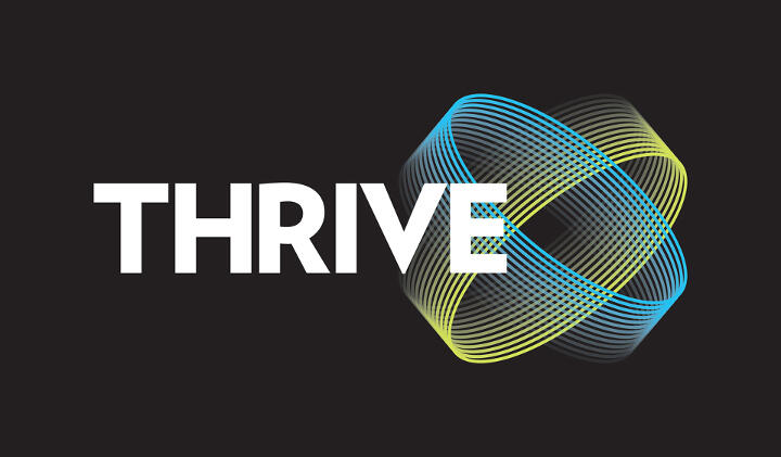 The word "THRIVE" in bold white letters on a black background, with a dynamic, colorful geometric design intertwining through the letters, featuring blue, green, and yellow gradient lines.