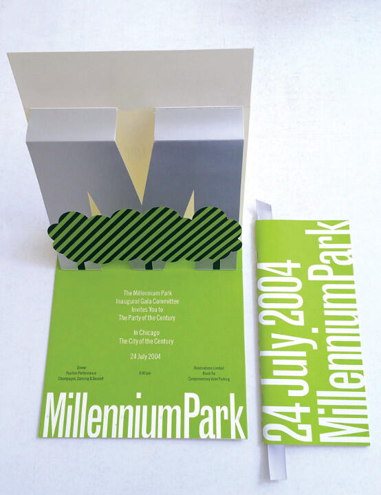 Pop-up invitation for Millennium Park Gala, with green and white design, featuring the date "24 July 2004" prominently on a folded side card.