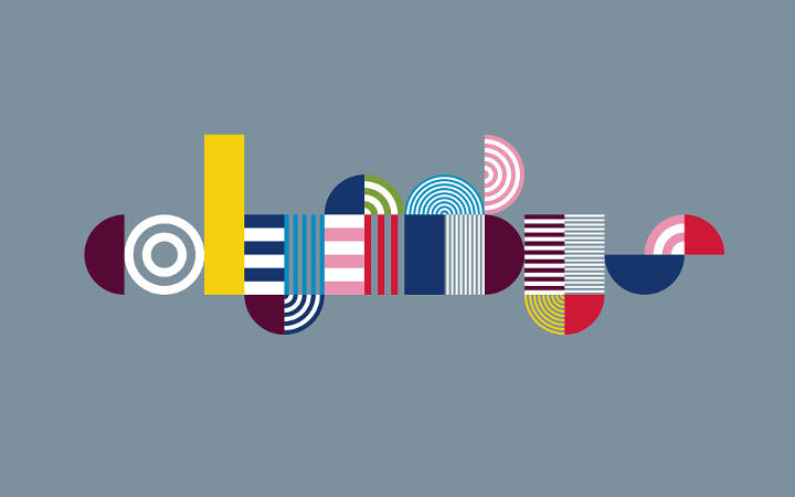 Colorful abstract geometric shapes arranged in a pattern on a gray background, featuring circles, rectangles, and semi-circles with a variety of stripes and patterns in blue, red, yellow, pink, and green.