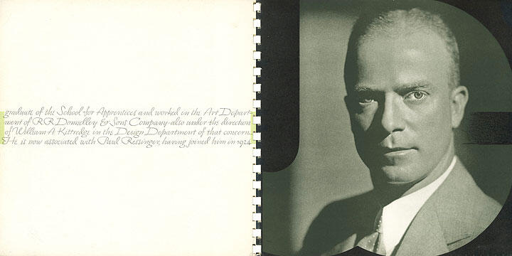 Black and white photograph of a serious-looking man in a suit on the right. The left side features handwritten text in elegant script on a plain background.