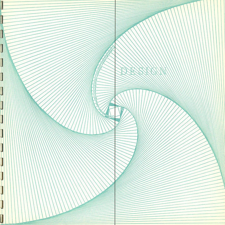 Abstract design with swirling teal lines forming a spiral pattern on a white background, with the word "DESIGN" incorporated into the layout.