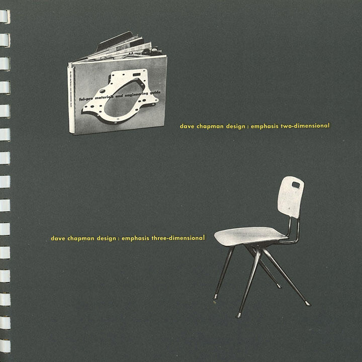 Black and white graphic featuring a spiral-bound book with a design on the cover at the top, and a modern chair with angled legs at the bottom. Text indicates two- and three-dimensional design focus.