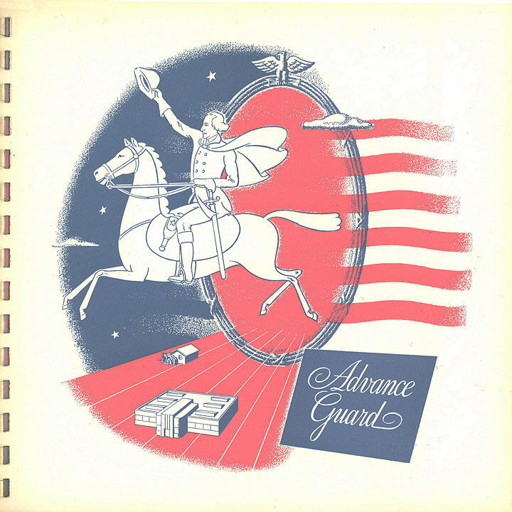 Illustration of a soldier on horseback, raising a hat, framed by a red and blue oval with stars and stripes, and an eagle emblem above. A small building and "Advance Guard" text accompany the scene.