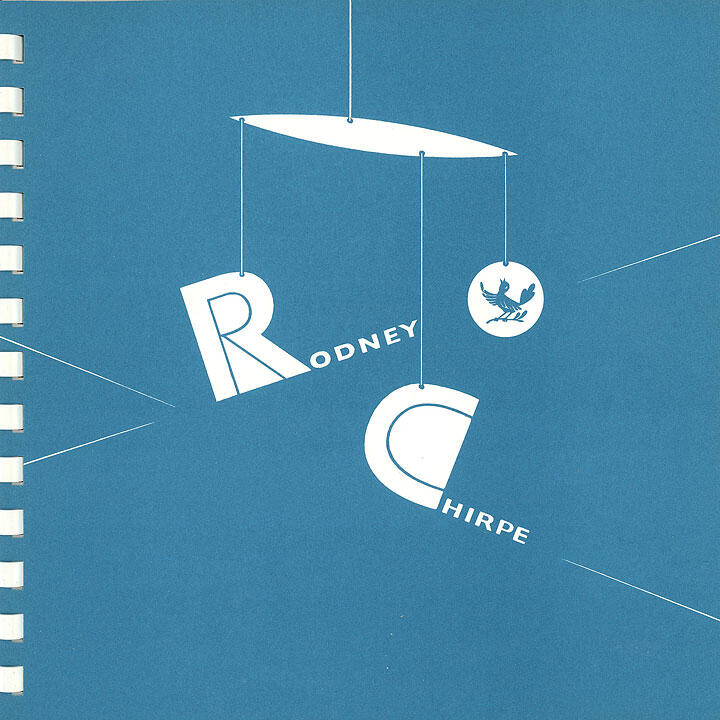 Blue graphic with hanging letters "R" and "C" for "Rodney Chirpe" and a small circle with two birds. White spiral binding edge on the left.