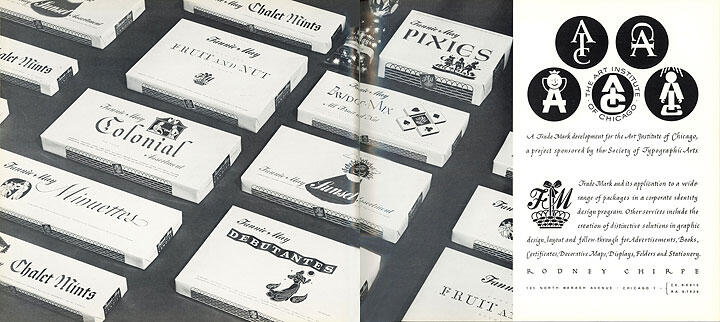 Assortment of white chocolate boxes with vintage typography labels, including "Chalet Mints," "Fruit-N-Nut," and "Colonial." To the right, a section with circular logos and text about the Art Institute of Chicago's project on typography.