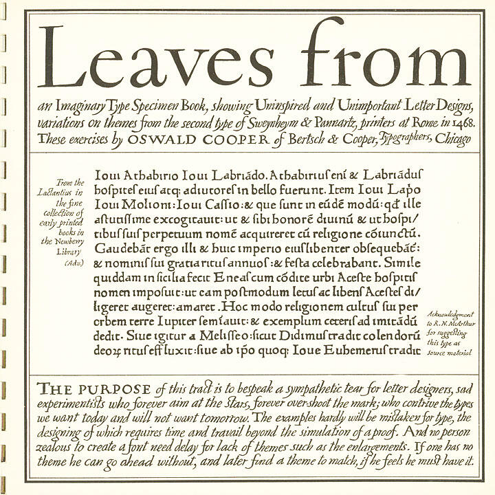 "Leaves from," a page featuring decorative text with a mix of English and Latin, includes an introduction in uppercase letters. Design elements resemble an old-fashioned type specimen book.
