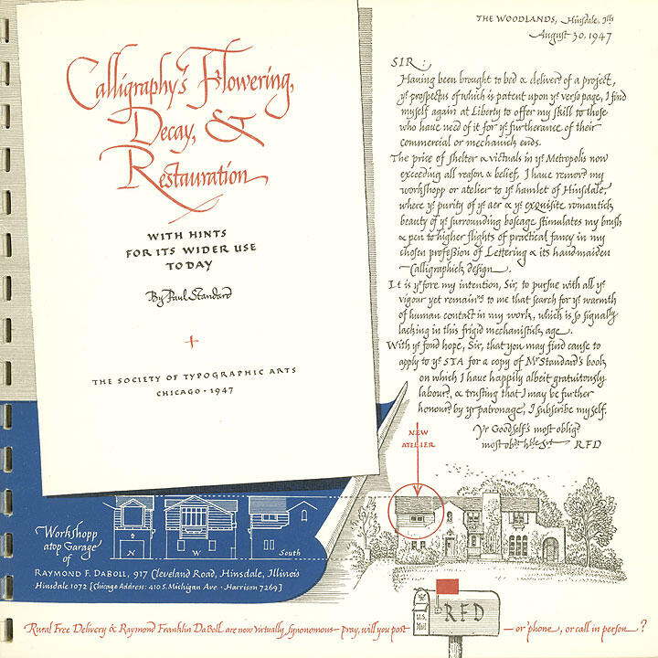 Cover of a book titled "Calligraphy's Flowering, Decay, & Restauration" by Paul Standard, displayed alongside illustrated text and a drawing of a house. Blue architectural diagrams are included at the bottom. The style is vintage with decorative calligraphy.