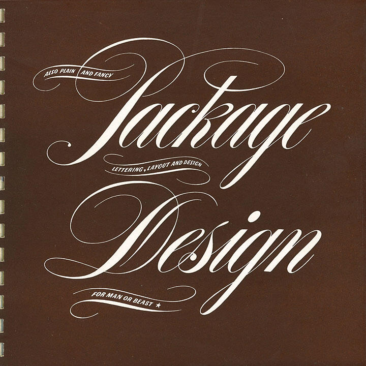 Elegant script text on a brown background reads "Package Design" with ornate swirls and smaller text related to lettering and layout design.