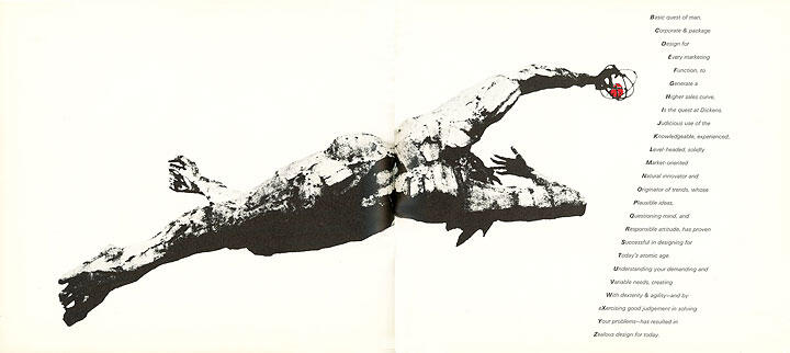 Abstract graphic of a reclining figure with exaggerated limbs, holding a small red object. Bold, black and white color scheme with a contrasting splash of red. Text is present on the right side, unrelated to the central image.