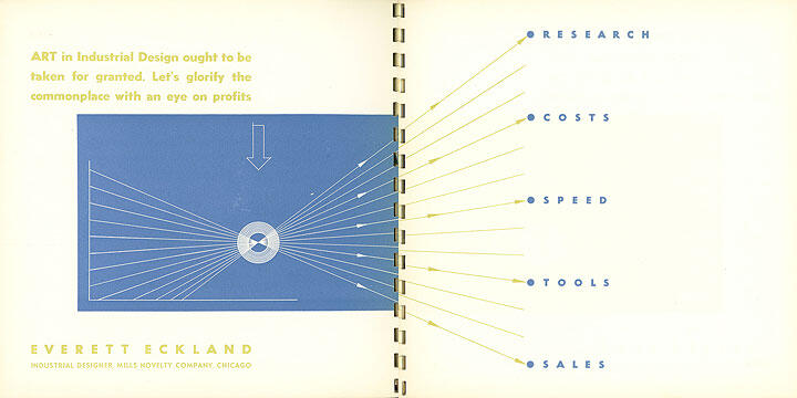 Blue and white graphic design page with arrows pointing to words: Research, Costs, Speed, Tools, Sales. A central circular element with lines radiating outwards. Text and designer name, Everett Eckland, are included.