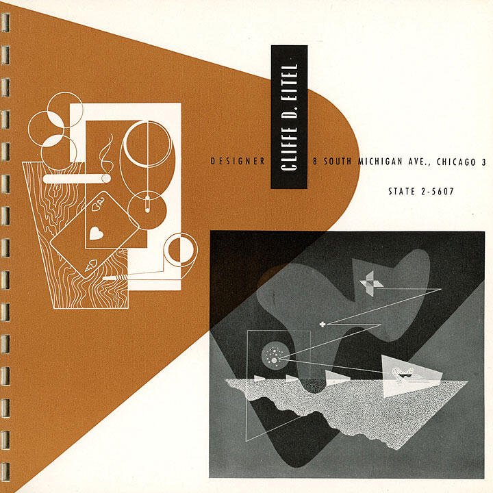 Abstract graphic design with geometric shapes in brown, black, and white. Includes circles, lines, and textured elements. Texts with address and contact details for a designer, Cliffe D. Eitel, are present on the right side.