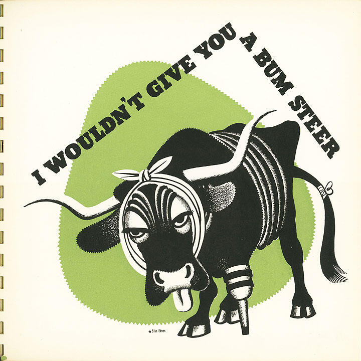 Cartoon illustration of an injured steer with bandages, a crutch, and its tongue sticking out, set on a green background.