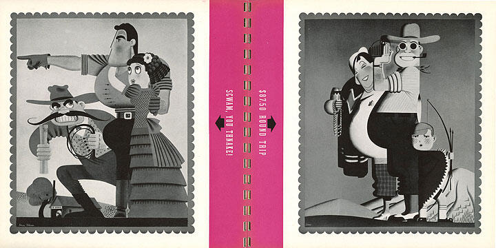 Two stylized illustrations of people in traditional Mexican attire. On the left, a man and woman pose with a guitar. On the right, a group of three people, one on a donkey. The center features a pink section with text. Black and white with pink accents.