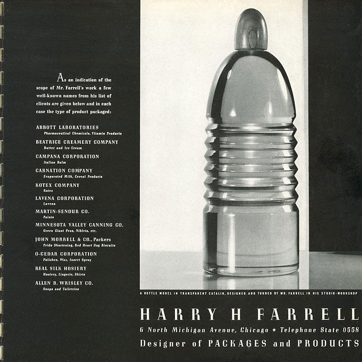 Black and white photograph of a transparent bottle model with a rounded cap, designed by Harry H. Farrell. Text on the left lists clients and product types. Harry H. Farrell's address and title as a designer are at the bottom.