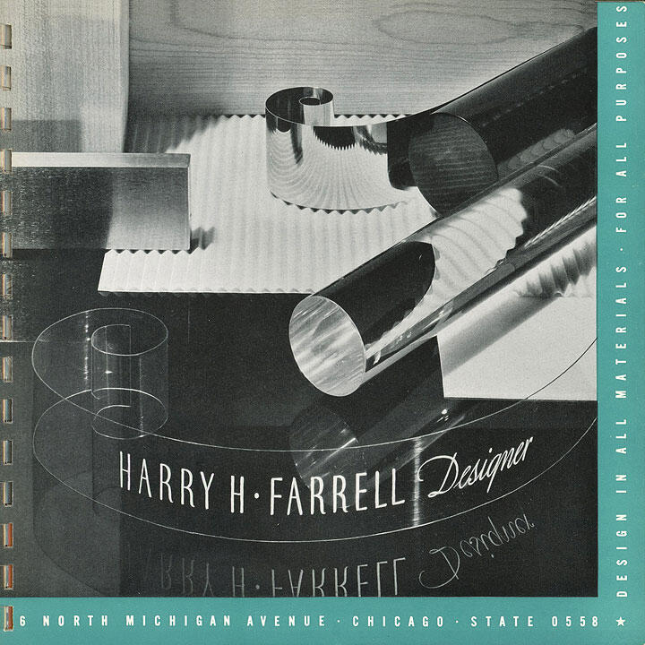 Black and white photograph featuring reflective cylindrical and rectangular shapes on a textured surface, with the name "Harry H. Farrell Designer" in elegant script across the front. Teal border with text.