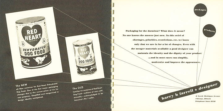 Two cans of Red Heart Dehydrated Dog Food, labeled "The NEW" and "The OLD." Designed by Harry H. Farrell, showcasing the evolution in packaging with modern, simplified graphics on a dark background.