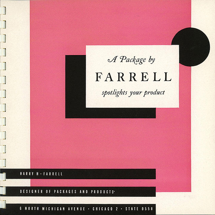Pink and white graphic design with black geometric shapes and text "A Package by Farrell; spotlights your product." Includes contact details at the bottom.
