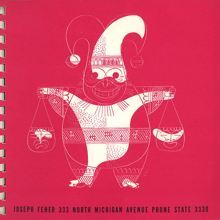 Cartoon jester with a big smile balances two scales, one with a sad face and another with a happy face, against a red background.