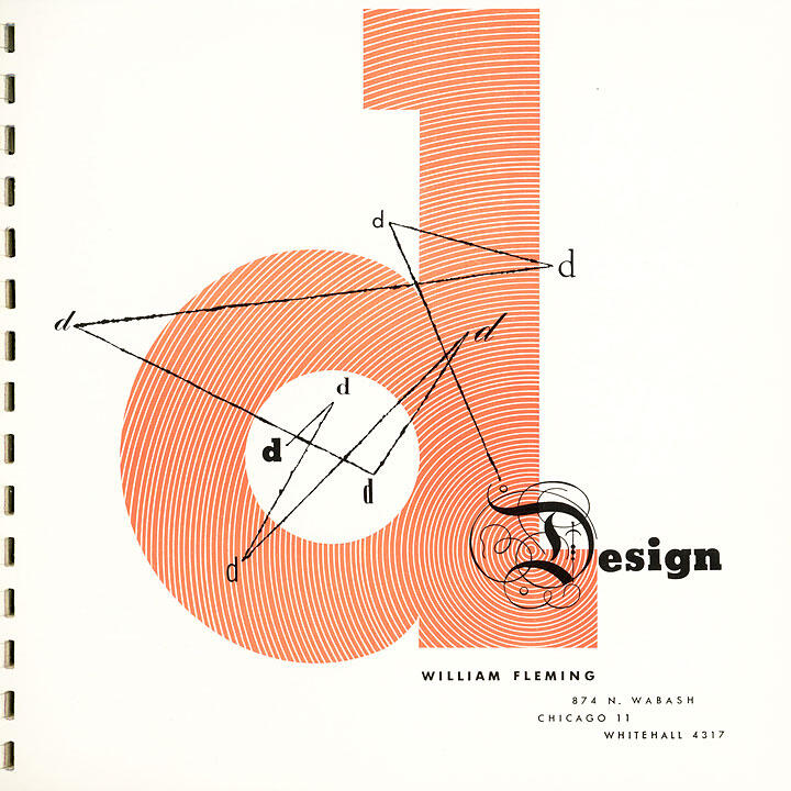 Graphic design featuring a large orange lowercase "d" with concentric circles, overlaid with geometric lines and smaller "d" letters. The word "design" is partially visible, with artistic swirls. Text at the bottom shows contact information.