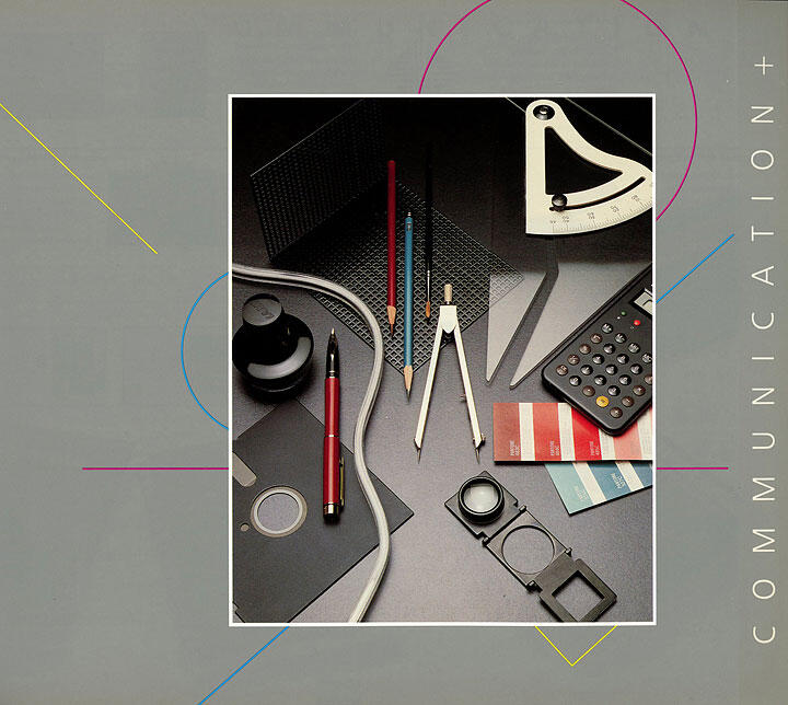 Technical drawing tools and office supplies on a dark surface, including pencils, a compass, protractor, calculator, color swatches, floppy disk, and magnifying glass. Geometric patterns and the word "COMMUNICATION" on the border.