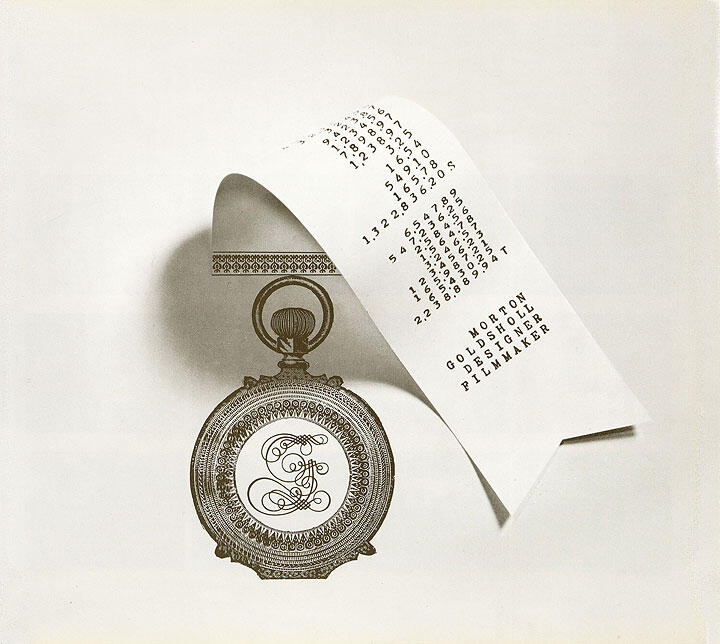 Ornate pocket watch with a decorative initial "E" on its face, topped by a long printed paper tape resembling a grocery receipt, featuring columns of numbers and text. Black and white graphic.