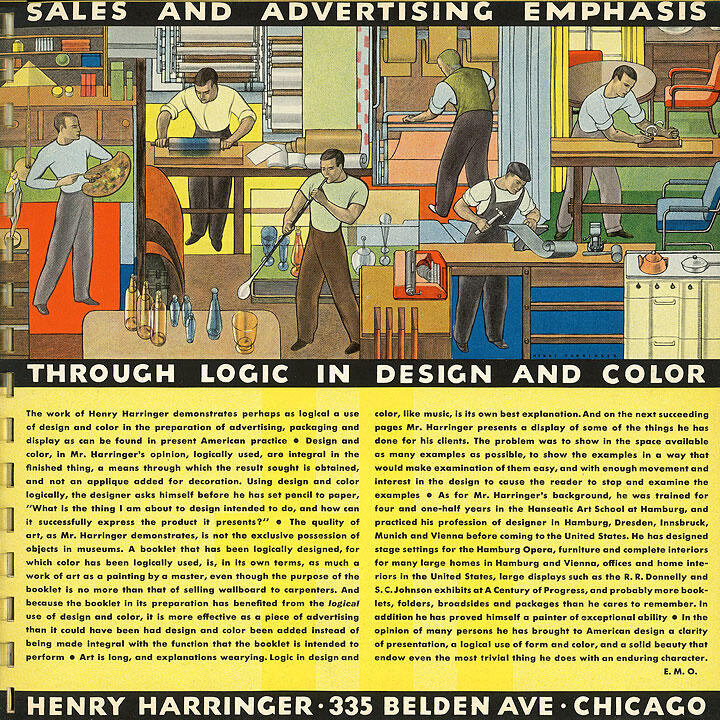Stylized illustration of six men working in a design studio, featuring various objects like bottles and papers. Bold black and yellow text surrounds the image, emphasizing sales, advertising, logic, design, and color.