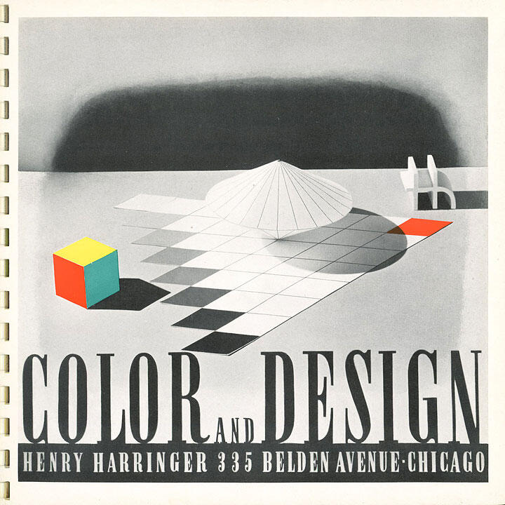 Geometric design with a colorful cube, grayscale grid, white dome-shaped structure, and a small white chair against a gradient gray background. Text "COLOR AND DESIGN" at the bottom.