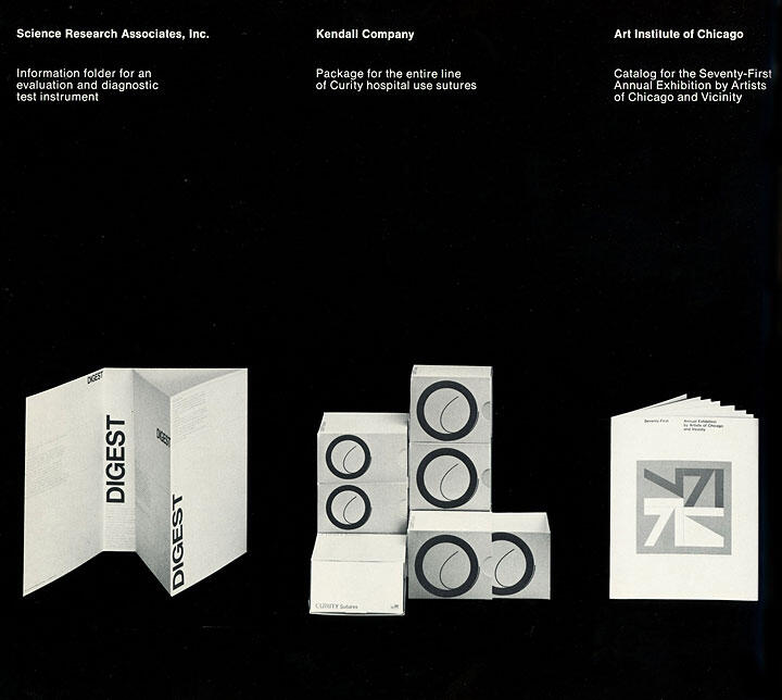 Three product designs on a black background: a tri-fold brochure labeled "DIGEST," stacked packages with circular patterns, and a catalog with abstract geometric shapes.