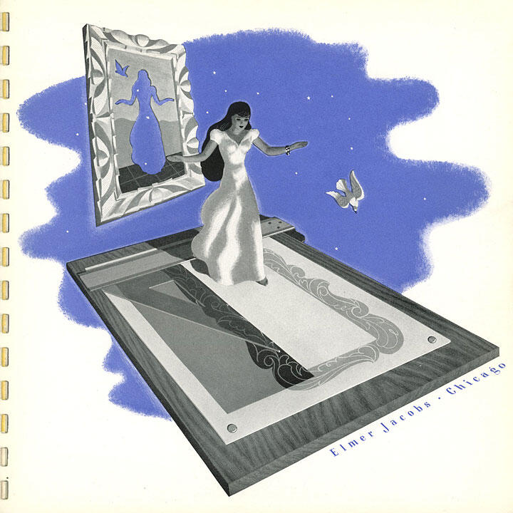 A surreal illustration of a woman in a flowing dress stepping out of a picture frame against a textured blue background. The scene includes stars and a small bird, with the woman's silhouette visible in the frame.