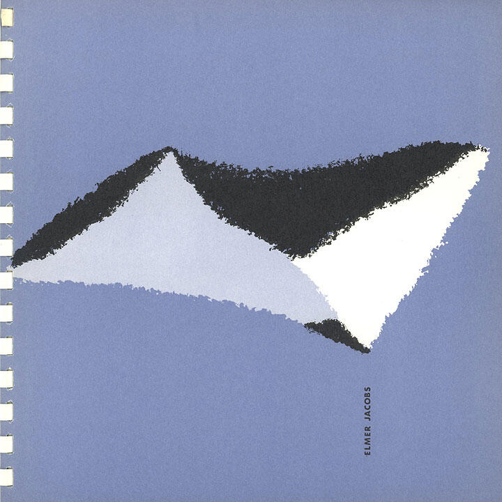 Abstract art with a geometric shape in black, white, and dark blue against a light blue background.