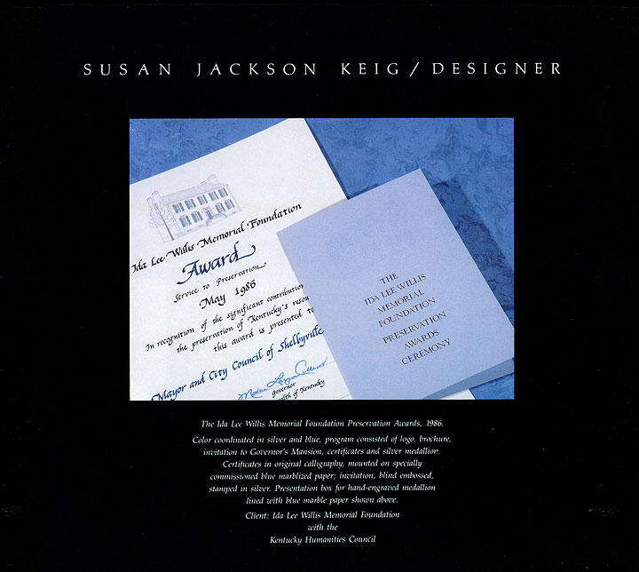 Award certificate and invitation with silver and blue color scheme for the Ida Lee Willis Memorial Foundation Preservation Awards, 1986, designed by Susan Jackson Keig.